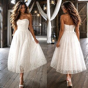 NWT Wedding Dress Sz 6 Romantic Tea Length Strapless Floral Tulle Bridal Galina